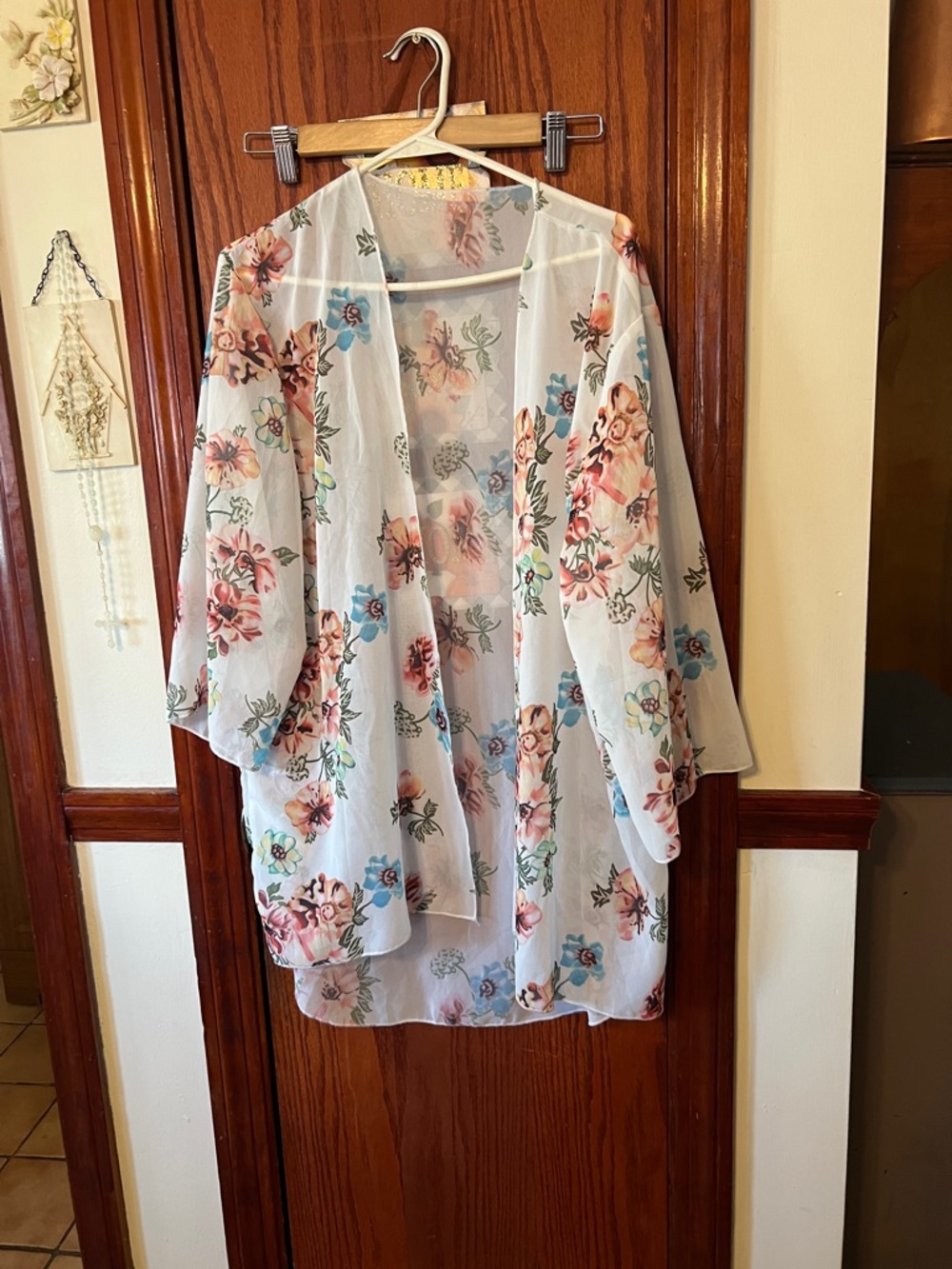 Sheer Floral Kimono Cardigan - White with Pink & Blue Flowers